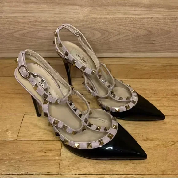 Valentino Black and Tan Studded Heels - Picture 2 of 8